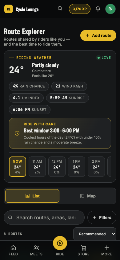Cycle Lounge app: Route Explorer with live Coimbatore weather and the best riding window