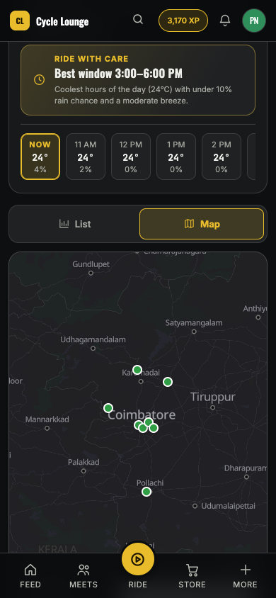 Cycle Lounge app: community-scouted routes on a live map of Coimbatore